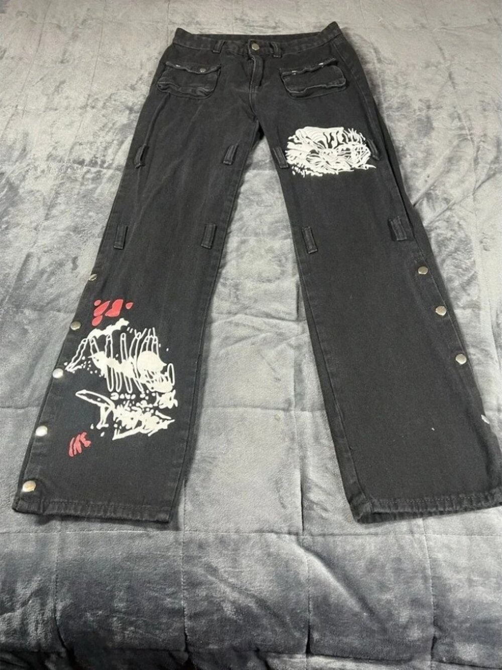 SLP Jeans Womens Black Dark Street Print Gothic Punk‎ Metal Distressed Pant Sz M